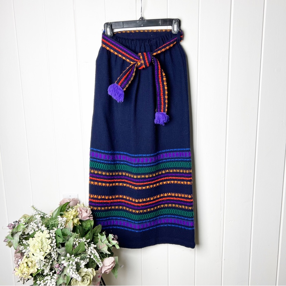Vintage Boho Knit Maxi Skirt with Rainbow Tie belt